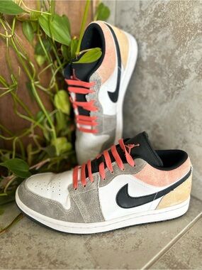 Jordan Nike Low-Top Sneakers in White, Black, Peach, Gray, Tan with Coral Laces